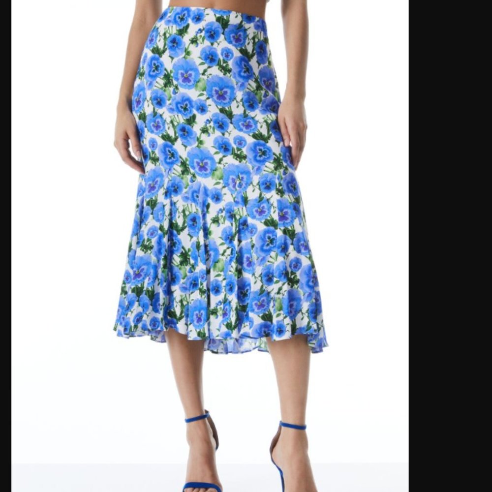 NWT Alice + Olivia Blue Floral Jacqueline Midi Godet Skirt Size 0 MSRP $495